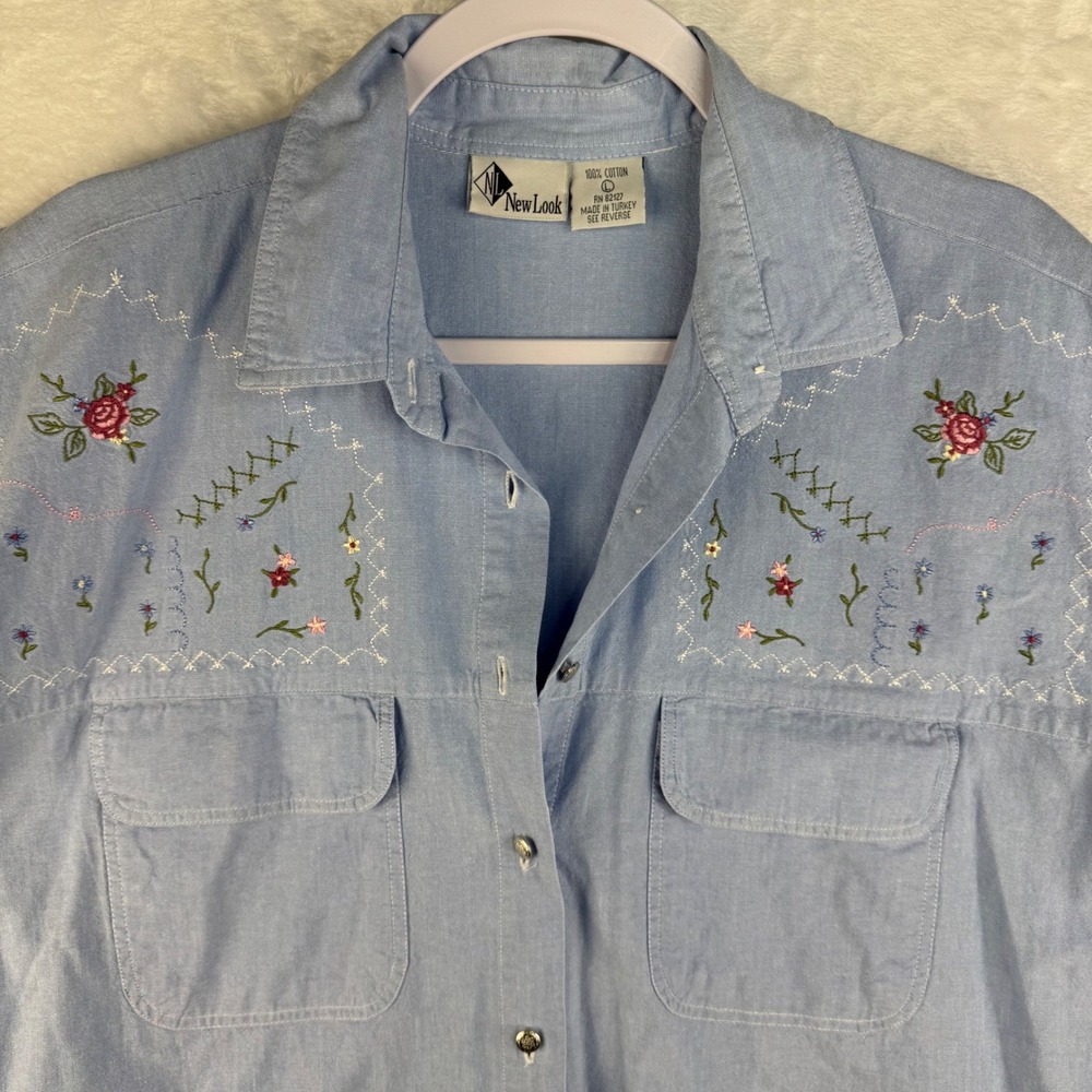 New Look Vintage 100% Cotton Floral Embroidered Short Sleeve Button Down Shirt L - Picture 2 of 6